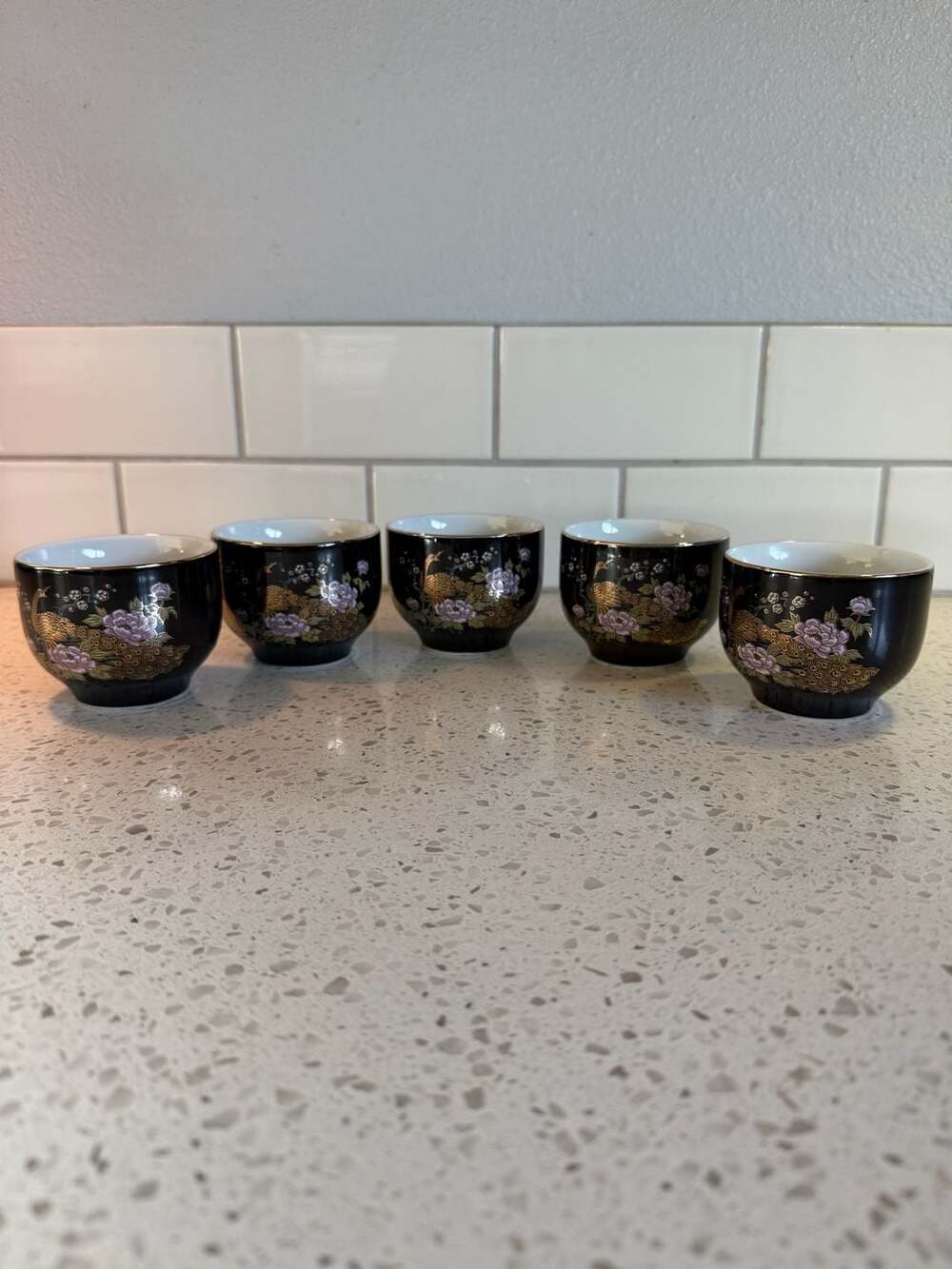 VTG Japanese Black Ceramic Tea Cups w/Gold Peacock and Floral Design Set of 5